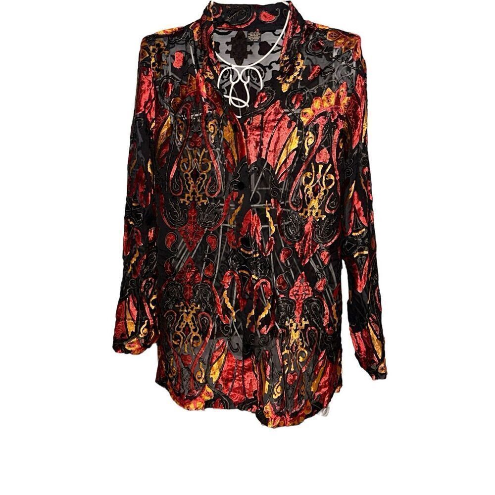 Beautiful women NYPL Button Up Sheer Floral Red Blouse Rayon size medium Long Sl
